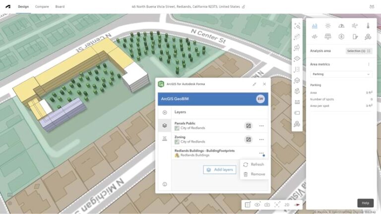 A screenshot of ArcGIS for Autodesk Forma showing building designs on a map of Redlands, California. Panels on the right display analysis tools and area metrics, with a focus on parking. A window displays ArcGIS GeoBIM with layers for parcels, zoning, and buildings.