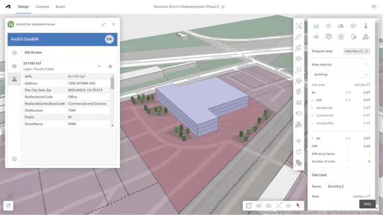 A screenshot of ArcGIS for Autodesk Forma showing attributes and metrics for a building project shown in 3D on a map in the center. The screen also shows parcel information and site area analysis.