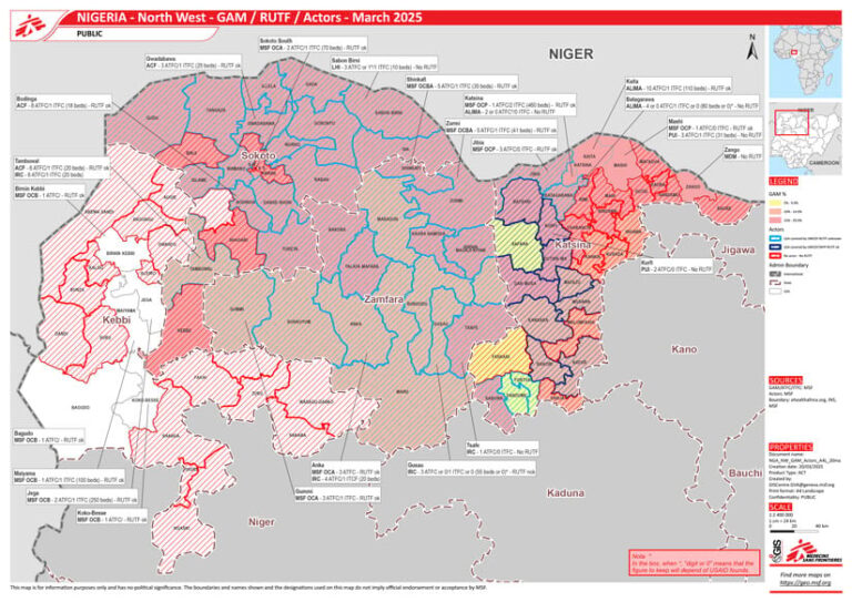 A map of northwest Nigeria that shows administrative boundaries, with various areas shown in light blue and dark blue stipes to denote which organizations are distributing Ready-to-Use Therapeutic Food (RUTF) where, along with areas shown in red stripes that aren’t known to be receiving RUTF.