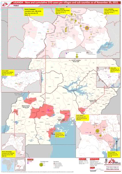 A map of Uganda with five regions highlighted in red that each have their own inset maps showing the new and cumulative cases of Ebola virus disease (EVD). New cases are denoted with pink circles and cumulative cases are denoted by green circles of various sizes indicating one, five, and ten cases. Yellow information boxes show the name of each district, the number of cumulative cases, how many days it has been since the last case was recorded, and the number of deaths.