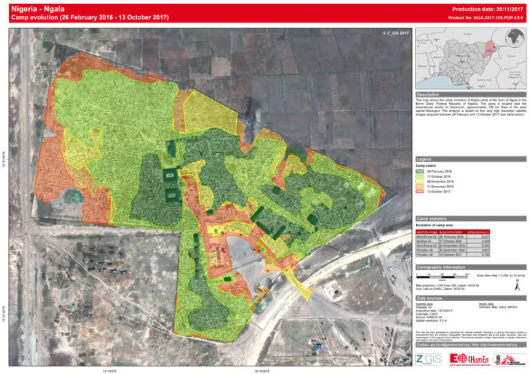Imagery of Ngala, Nigeria, with some sections highlighted in dark green, denoting the extent of the camp on February 26, 2016; some sections highlighted in light green, showing the extent of the camp on October 17, 2016; some sections highlighted in yellow, showing the extent of the camp on November 5, 2016; some sections highlighted in light orange, denoting the extent of the camp on December 31, 2016; and some sections highlights in dark orange, showing the extent of the camp on October 13, 2017.