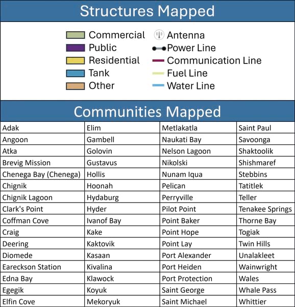 A legend for structures mapped by type (commercial, public, residential, tank, other, antenna, power line, communication line, fuel line, and water line), and a table of communities mapped (Adak, Angoon, Atka, and so on).