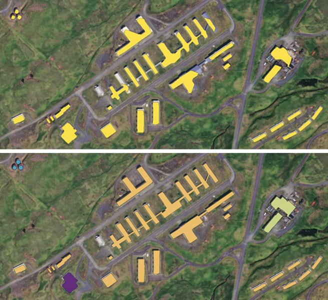 Two satellite views of buildings surround by grass. The top image shows buildings highlighted in yellow with rough edges. The bottom shows the same buildings highlighted in orange, purple, and green, with sharper edges.