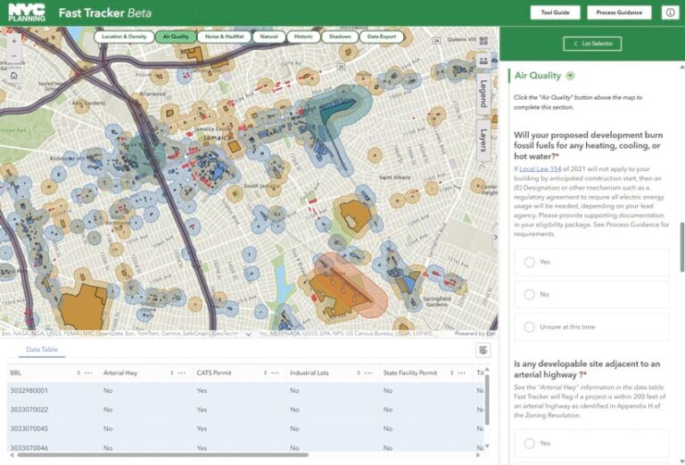 NYC Planning's "Fast Tracker Beta" interface, showing a map of Queens, NY, with overlays indicating air quality zones. The right panel displays an "Air Quality" survey, asking about fossil fuel use and proximity to arterial highways, alongside a data table with parcel-specific information.