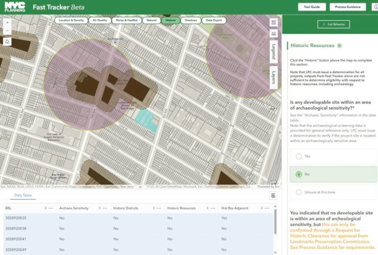 NYC Planning's Fast Tracker Beta app showing historic resources on a map and a data table indicating properties' archaeological sensitivity, historic districts, resources, and adjacency. The tool asks if a developable site is within an area of archaeological sensitivity and "No" is selected.