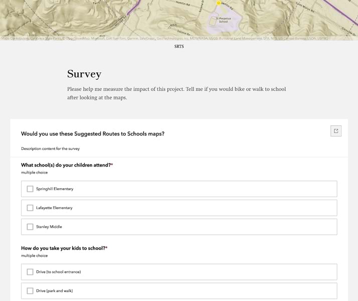 A survey asking parents about using suggested routes to schools. Questions include which school their children attend, and how they take their kids to school (drive to the school entrance or drive then park and walk). The top shows map snippets.