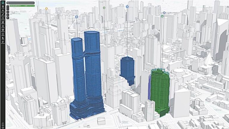 A 3D city model overlayed on a map of city streets that features several highlighted buildings, with the remaining buildings shown as white outlines. The highlighted buildings are colored blue and green.
