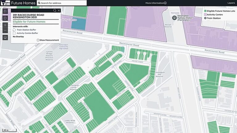 A map of Kensington, Victory, showing "Future Homes" eligible lots in green and activity centers in purple. Train stations are marked with an icon. The address "391 Racecourse Road Kensington 3031" is highlighted.