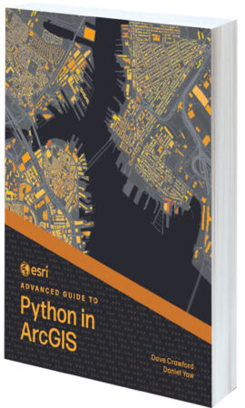 A black book cover with an orange and gray map on it that says Esri Advanced Guide to Python in ArcGIS