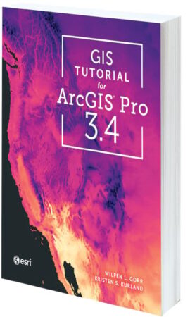A mostly magenta book cover with part of western North America on it; the book cover says GIS Tutorial for ArcGIS Pro 3.4