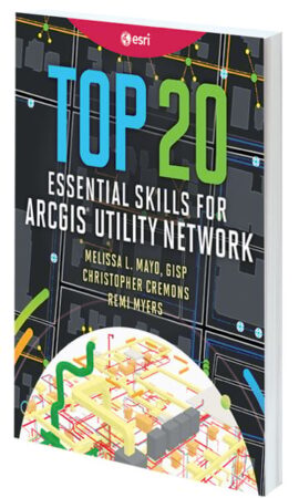 A black book cover with an illustration of utility pipes on it that says Top 20 Essential Skills for ArcGIS Utility Network