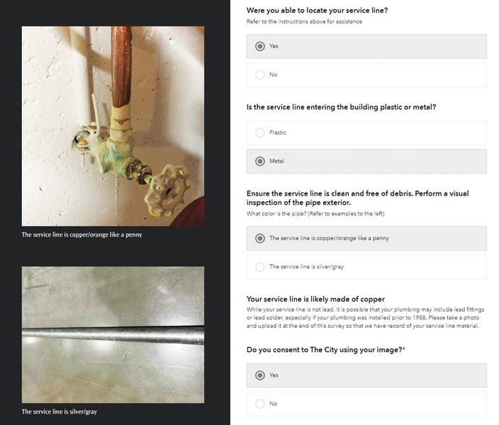 A screenshot of an online form for identifying service line material. Two photos show examples of copper and silver/gray pipes. The form asks if the line was located, if it's plastic or metal, and the color of the pipe. It also discusses potential lead and requests consent to use uploaded images.