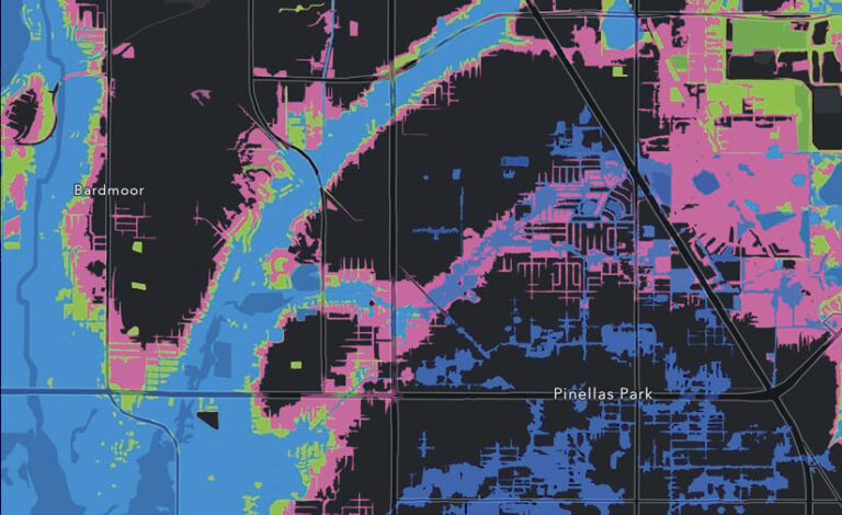 A dark map of Bardmoor and Pinellas Park, Florida, with different colored areas—light blue, dark blue, pink, and green—representing potential flood zones.