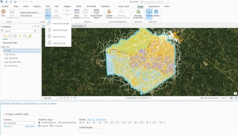 A screenshot of a GIS app showing a map with study areas highlighted. A selection menu with options like "Select by Rectangle" is open. A statistics table below displays data for Dinwiddie Elementary School.