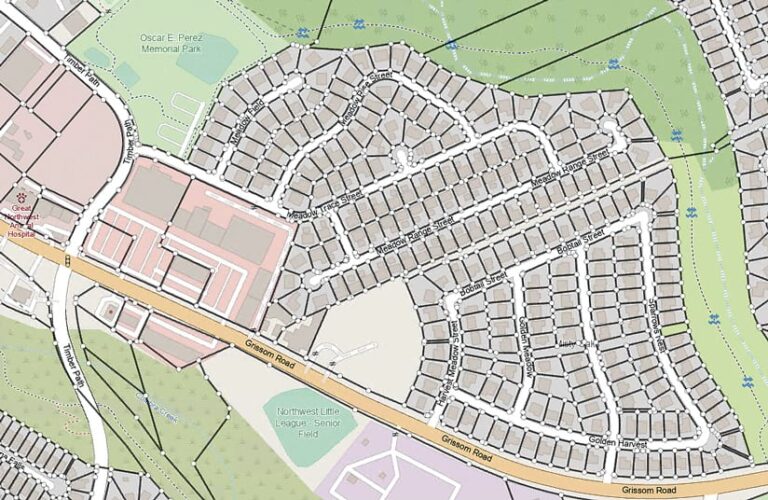 A map section showing a neighborhood layout with labeled streets like Meadow Trace Street and Grissom Road, plus a park and a baseball field.
