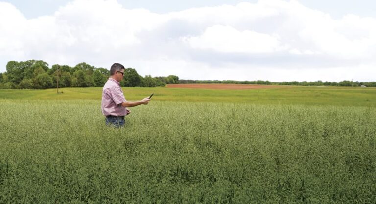 A man in a field uses a tablet. Trees and a field are behind him. The sky is overcast.
