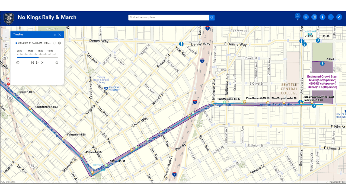 Screenshot of Seattle Police Department's after-action GIS application showing the completed 'No Kings Rally & March' route through Seattle streets. The map displays a blue and red route line from Cal Anderson Park through downtown Seattle, with a timeline control set to 6/14/2025 11:16:00 AM. Multiple timestamped markers show the march's progression at various intersections throughout the day. The right panel shows final crowd size estimates ranging from 34,248 to 68,495 people based on different density calculations. The interface includes playback controls and timeline scrubbing functionality for reviewing the event chronologically.