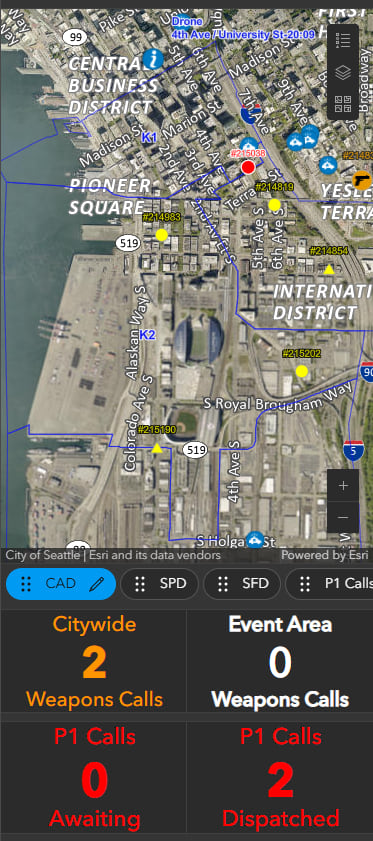 Screenshot of Seattle Police Department's mobile GIS application showing an aerial map view of downtown Seattle including Pioneer Square, Central Business District, and International District neighborhoods. The map displays various colored dots representing different types of emergency calls, with blue boundary lines marking patrol beats or event zones. The bottom panel shows statistics with 2 citywide weapons calls in orange, 0 Priority 1 calls awaiting and 2 dispatched in the event area. Navigation buttons at the bottom show CAD, SPD, SFD, and P1 Calls options.