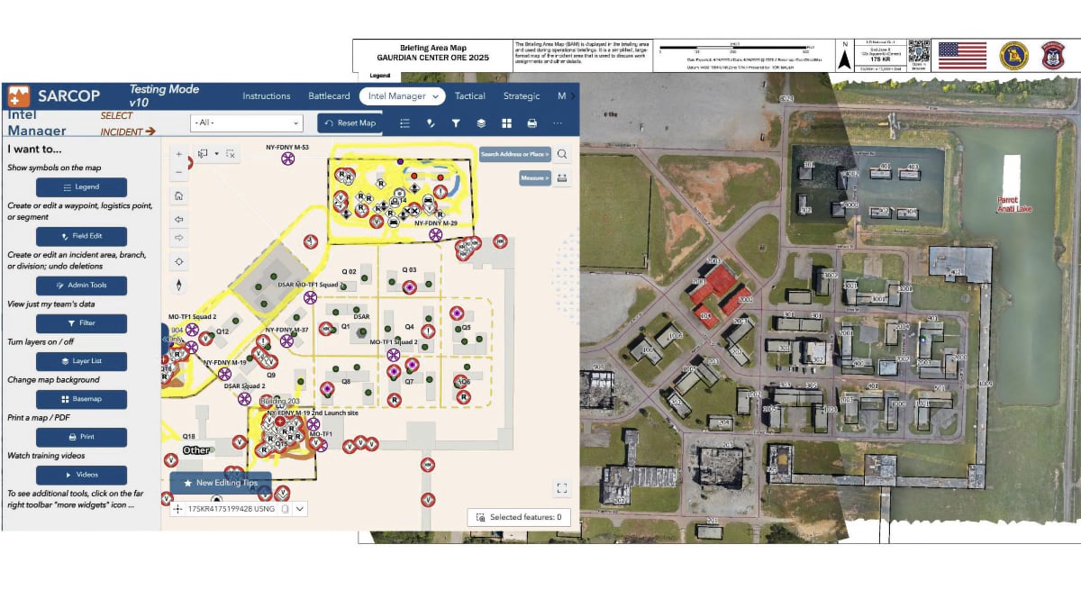 Split screen showing SARCOP mapping interface on left with search team symbols and operational boundaries overlaid on Guardian Center training area, compared to aerial view of actual facility on right with building layouts and training grounds