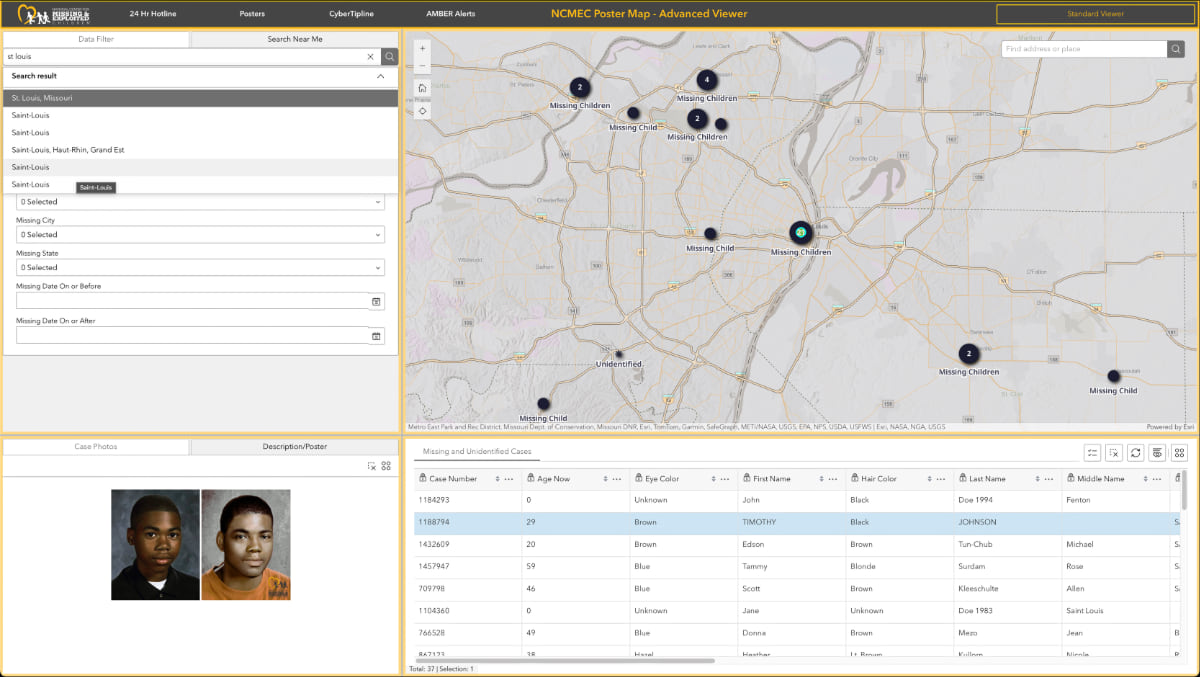 Screenshot of NCMEC's Advanced Viewer showing search results for "Saint Louis" with numbered dots representing missing children cases clustered around the St. Louis metropolitan area. The left panel shows filtering options and search results, while the bottom displays a data table with case details including ages, physical descriptions, and dates. Two missing person photos are visible in the bottom left corner.