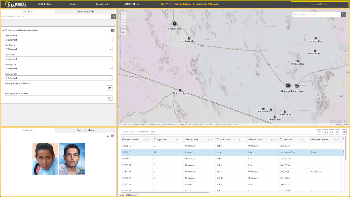 Screenshot of NCMEC's Advanced Viewer showing a map focused on the southwestern United States with multiple star symbols representing unidentified remains cases clustered heavily along the U.S.-Mexico border. The interface includes filtering options on the left and a data table below showing case details, with two photos of missing persons visible in the bottom left corner.