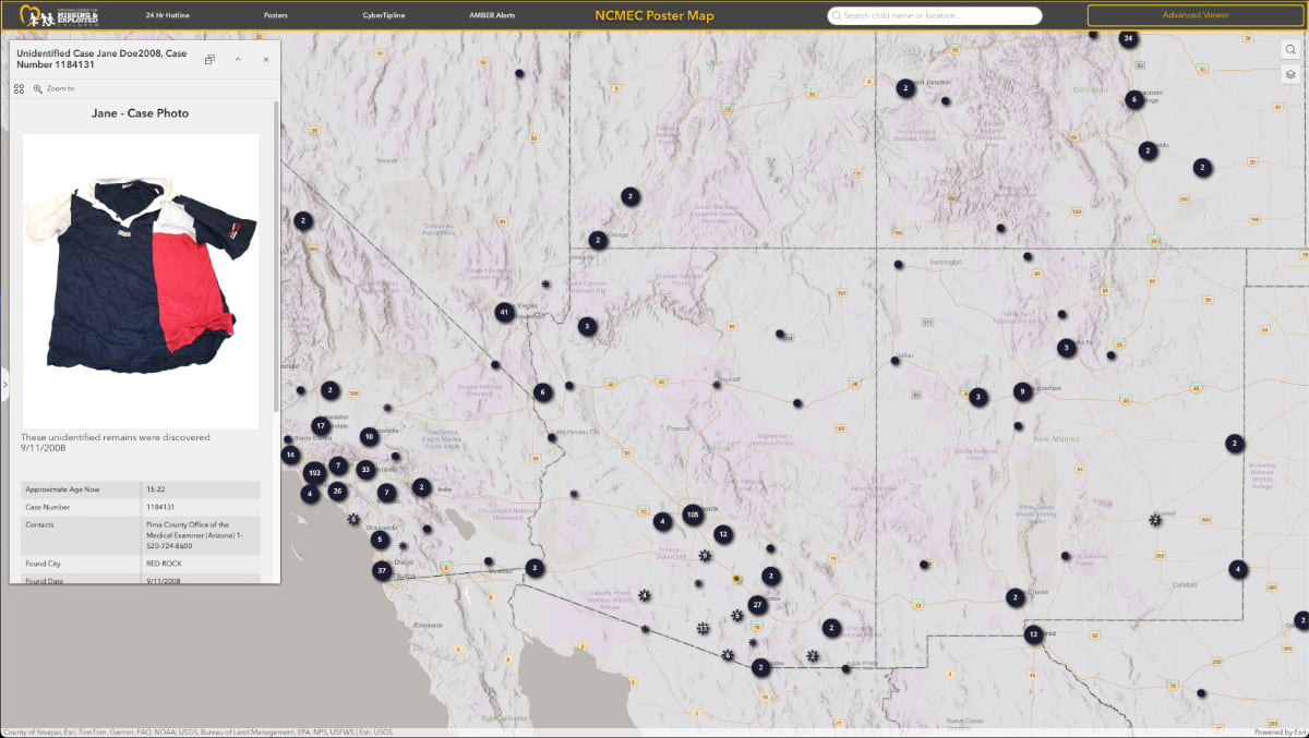 Screenshot of NCMEC's map interface showing details for "Unidentified Case Jane Doe2008" with an image of dark blue and red clothing found with the remains. The map shows numbered dots for missing children and star symbols for unidentified remains cases across what appears to be the southwestern United States. Case details indicate the remains were discovered on 9/11/2008 in Red Rock with an estimated age of 15-22 years.