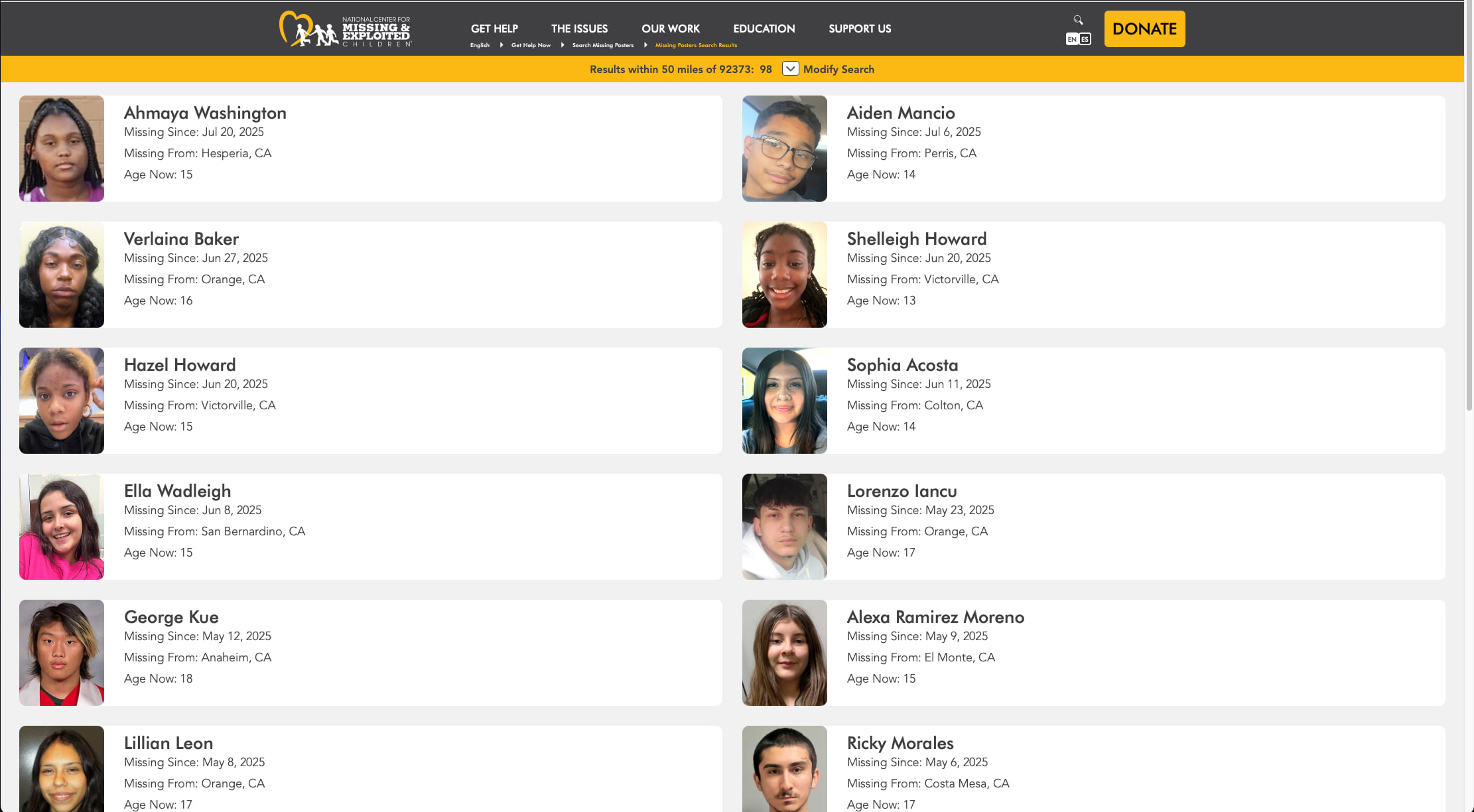 Screenshot of NCMEC website showing a grid of missing children posters with photos and details including names, missing dates, locations, and current ages. The orange header shows "Results within 50 miles of 92373" with cases from various California cities including Hesperia, Perris, Orange, Victorville, Colton, San Bernardino, Anaheim, El Monte, and Costa Mesa.