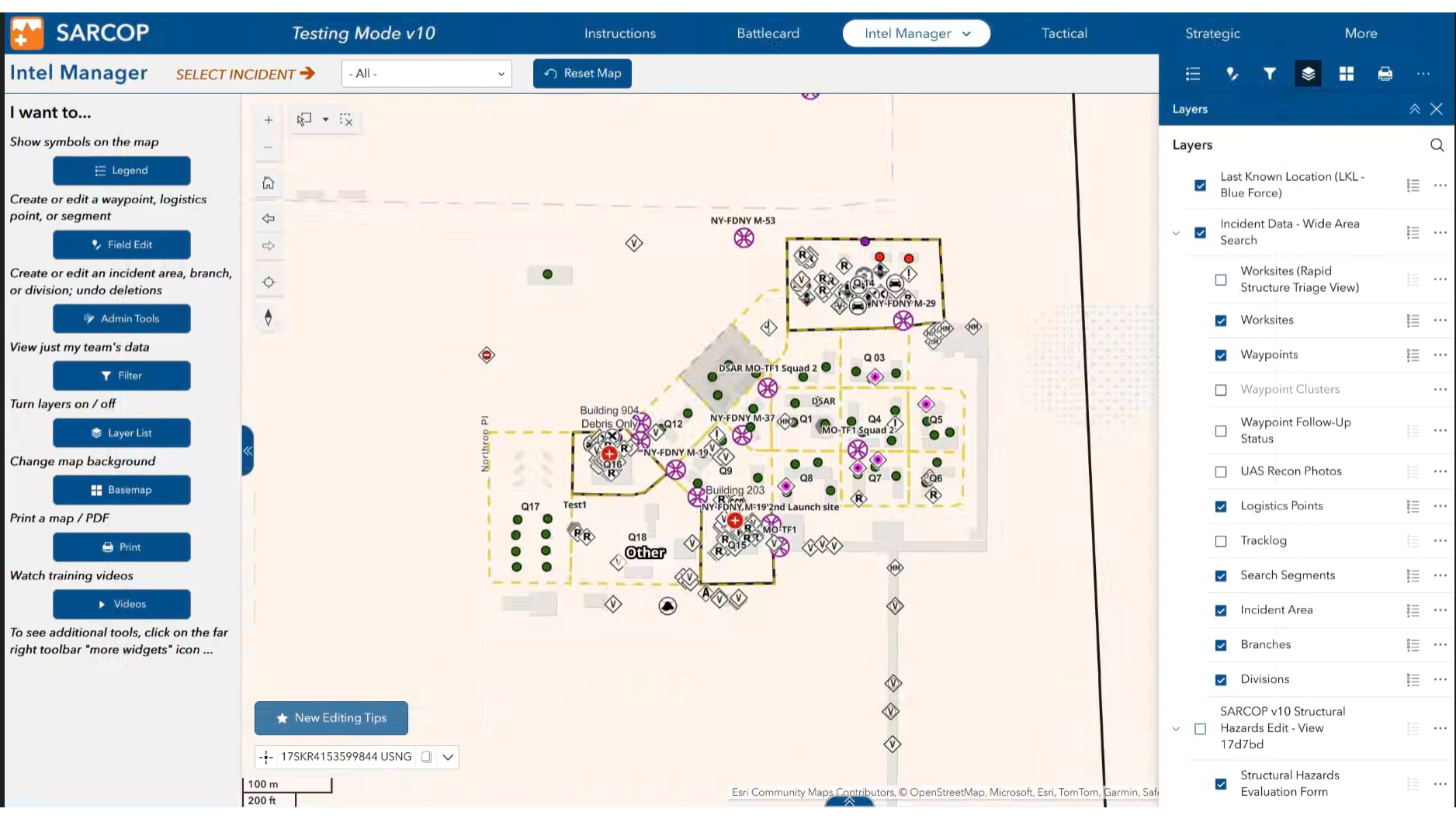 SARCOP map showing dense pattern of search symbols, team locations, and operational boundaries across urban area with multiple active worksites