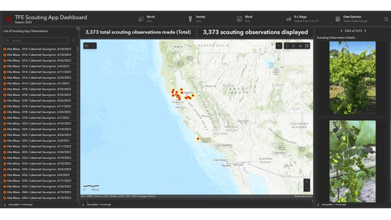 Wide-angle GIS dashboard showing scouting observations across California wine regions, with Atlas Peak area highlighted and detailed vineyard photos displayed, demonstrating multi-regional vineyard monitoring capabilities.