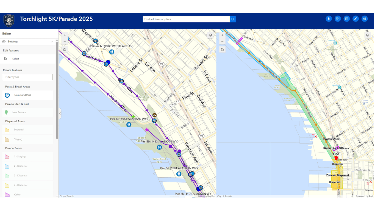 Screenshot of Seattle Police Department's Torchlight 5K/Parade 2025 planning application showing a digital map of Seattle's waterfront area. The interface displays a purple parade route line running north-south along Alaskan Way, with various colored zones and numbered pier locations (Pier 62, 56, 57, 55) marked along the route. The left sidebar shows editing tools and feature categories including posts, break areas, parade zones, and dispersal areas. The map covers the area from Elliott Bay on the left to downtown Seattle streets on the right.