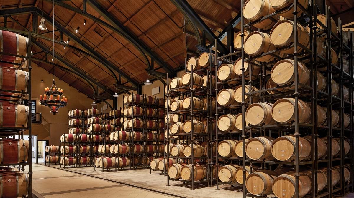 Expansive wine barrel warehouse with hundreds of oak barrels stacked in organized rows under industrial lighting, showing the scale of wine production that results from precision vineyard management.