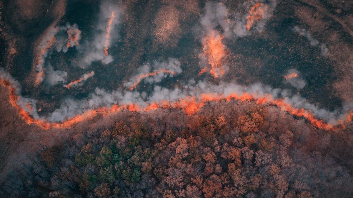 Aerial view of an intense wildfire with multiple bright orange flame fronts burning across darkened terrain, heavy smoke, and scattered fire activity showing extreme fire behavior.