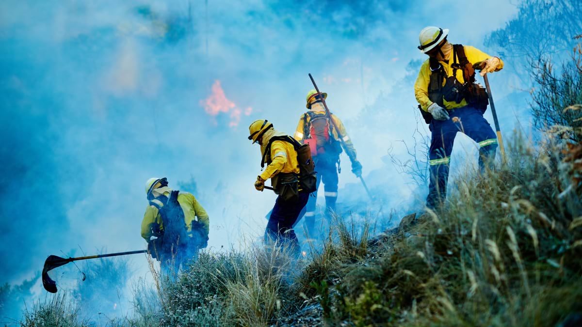 Four firefighters in yellow protective gear climb a smoky hillside carrying equipment to fight a wildfire, with flames visible in the background.