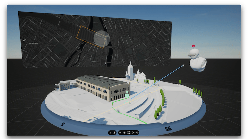 The XR Viewer showing 3D buildings and grounds