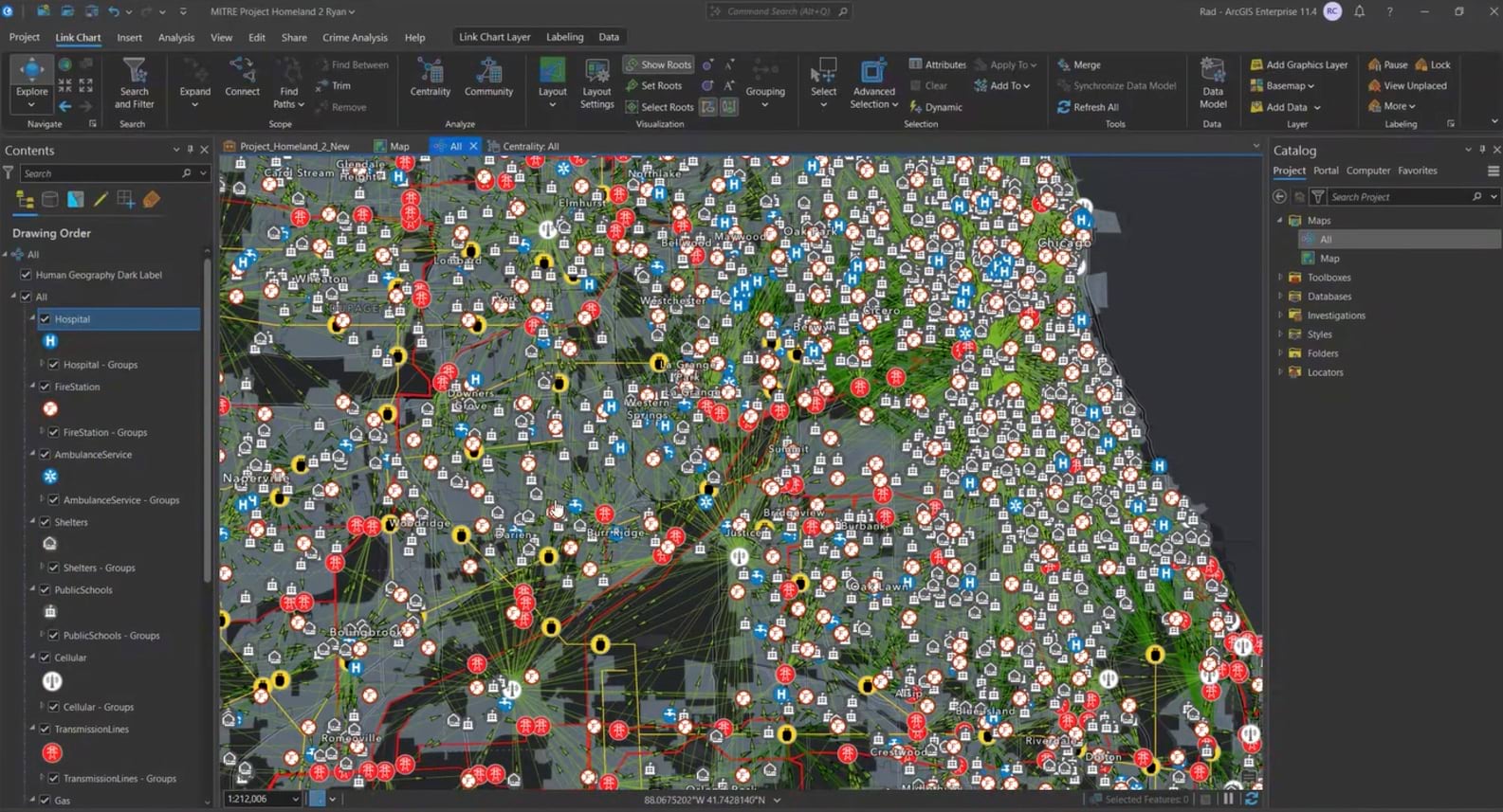 Chicago area map showing hospitals (blue H), fire stations (red circles), cellular towers, and transmission lines interconnected in a complex network.