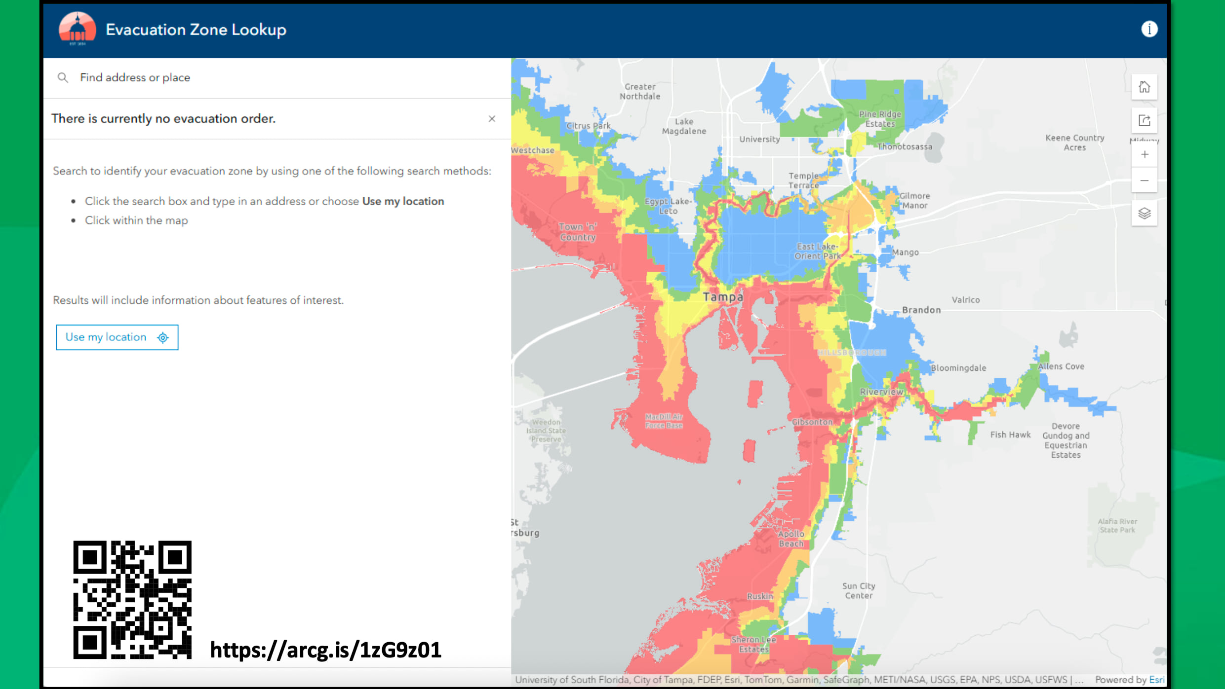 Evacuation Zone Lookup app showing Tampa Bay area map with color-coded evacuation zones and search interface for address-based zone identification.