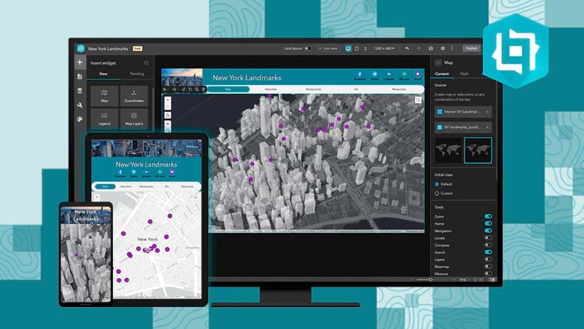 An Experience Builder site opened on a computer monitor and mobile devices displaying a 3D image of New York City