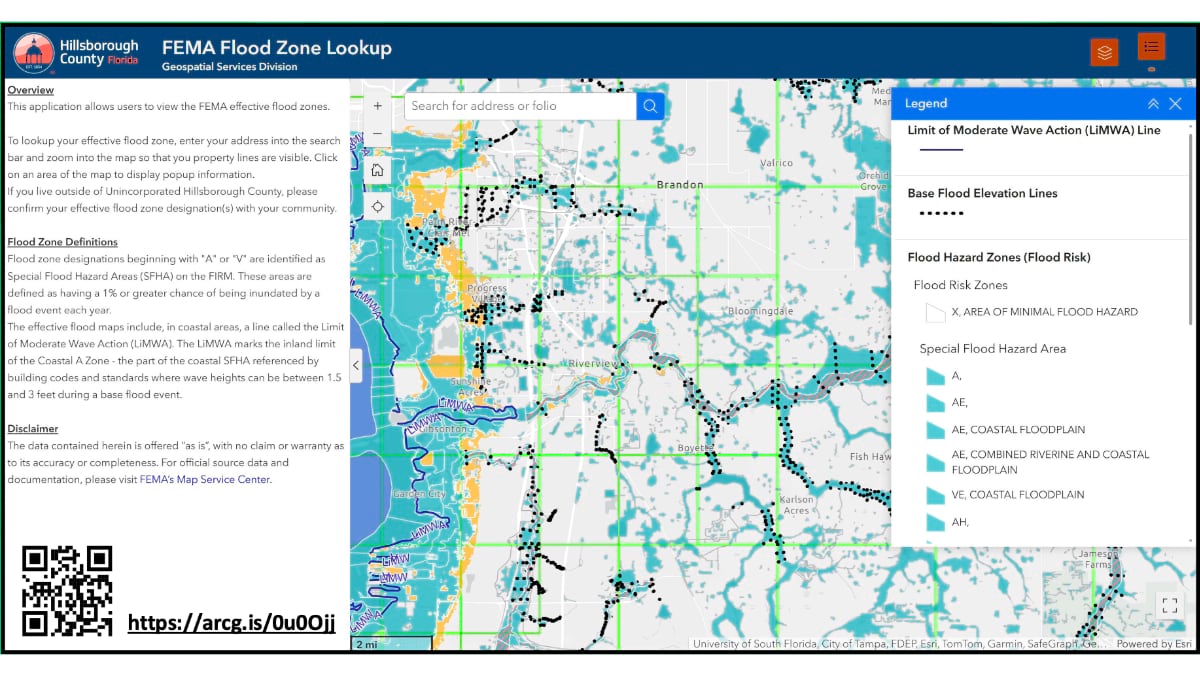 Screenshot of interactive FEMA flood zone map showing Tampa area with color-coded flood risk zones, search bar, and detailed legend on right side.