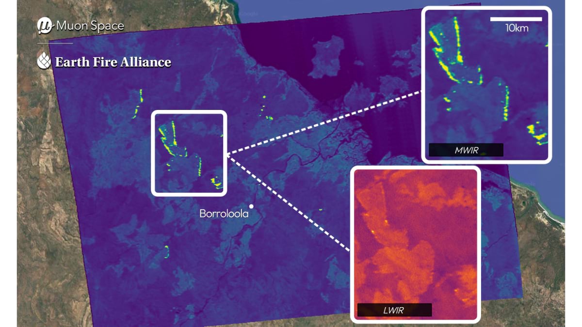 Satellite thermal imagery map showing fire detection data near Borroloola, Australia, with purple base map and green/yellow fire signatures highlighted in white boxes, plus detailed thermal readings in MWIR and LWIR spectral channels shown in separate panels.