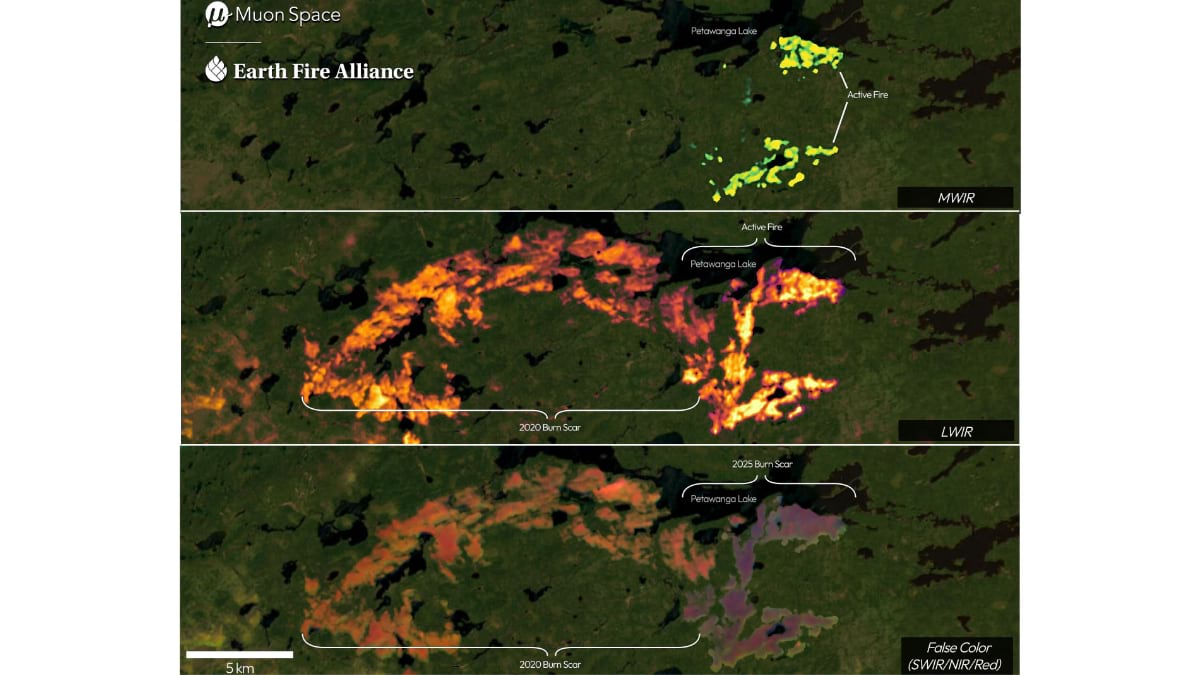 Three-panel satellite comparison showing the same wildfire area in different spectral channels: top panel shows MWIR with bright yellow active fire signatures, middle panel shows LWIR with orange and red heat patterns, and bottom panel shows false color composite revealing burn scars from 2020 and 2025 with Retrieving Lake labeled.