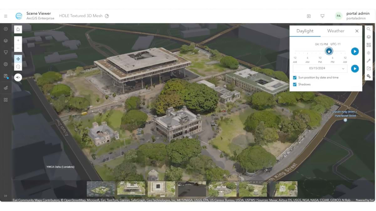 Hawaii state capitol digital twin showing daylight simulation controls with time slider set to 4:15 PM. The interface displays shadow rendering options and sun position controls, demonstrating how lighting conditions can be modeled for different times of day and dates for security planning.RetryClaude can make mistakes. Please double-check responses.
