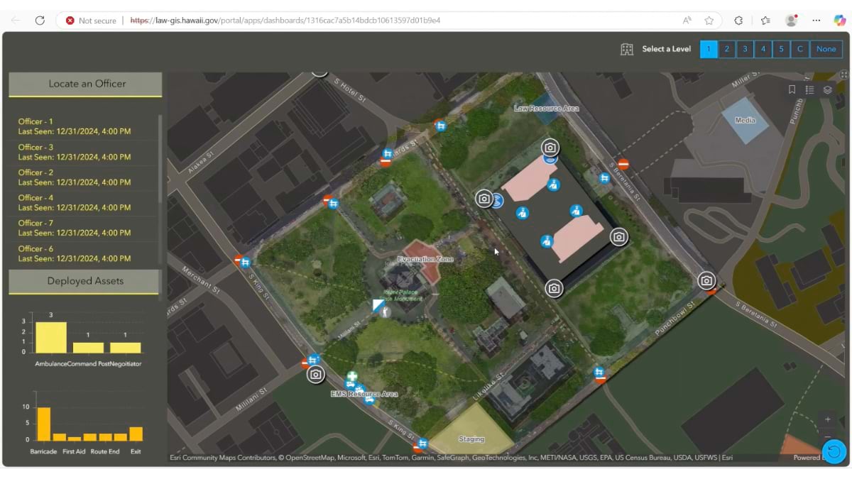 Wide-angle command view of Hawaii state capitol campus showing officer positions, evacuation zones, and emergency resources distributed across multiple buildings and open grounds. The interface demonstrates the complexity of securing an unusually accessible government complex.
