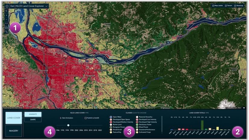 The Land Cover Explorer web application showing a red and green map