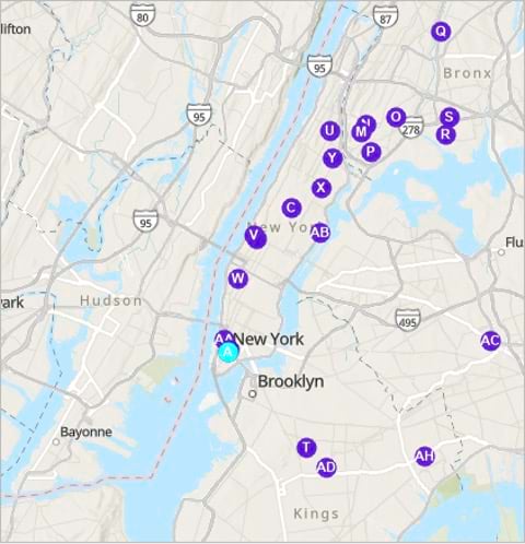 A map of New York City with scattered purple data points