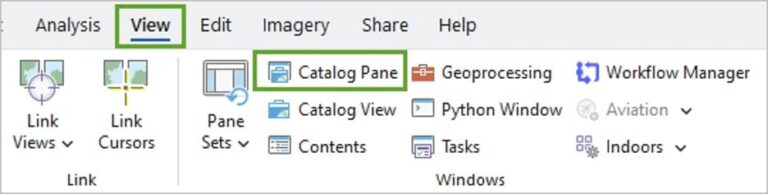 A series of options including view and catalog pane highlighted in green