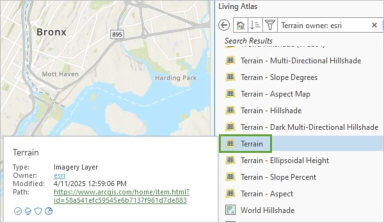 A map of the Bronx with terrain options from ArcGIS Living Atlas
