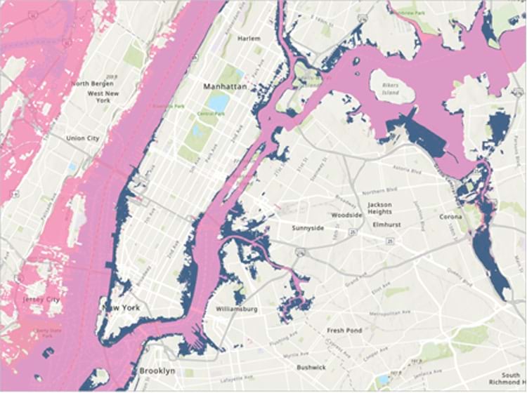 A beige map of New York City with large regions highlighted in pink