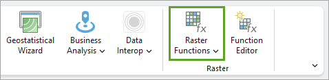 The words raster functions in a green box with a square icon above it