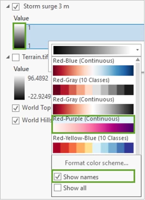 The words storm surge in black text above 6 bars with color gradient