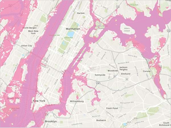 A beige map of New York City with large regions highlighted in pink